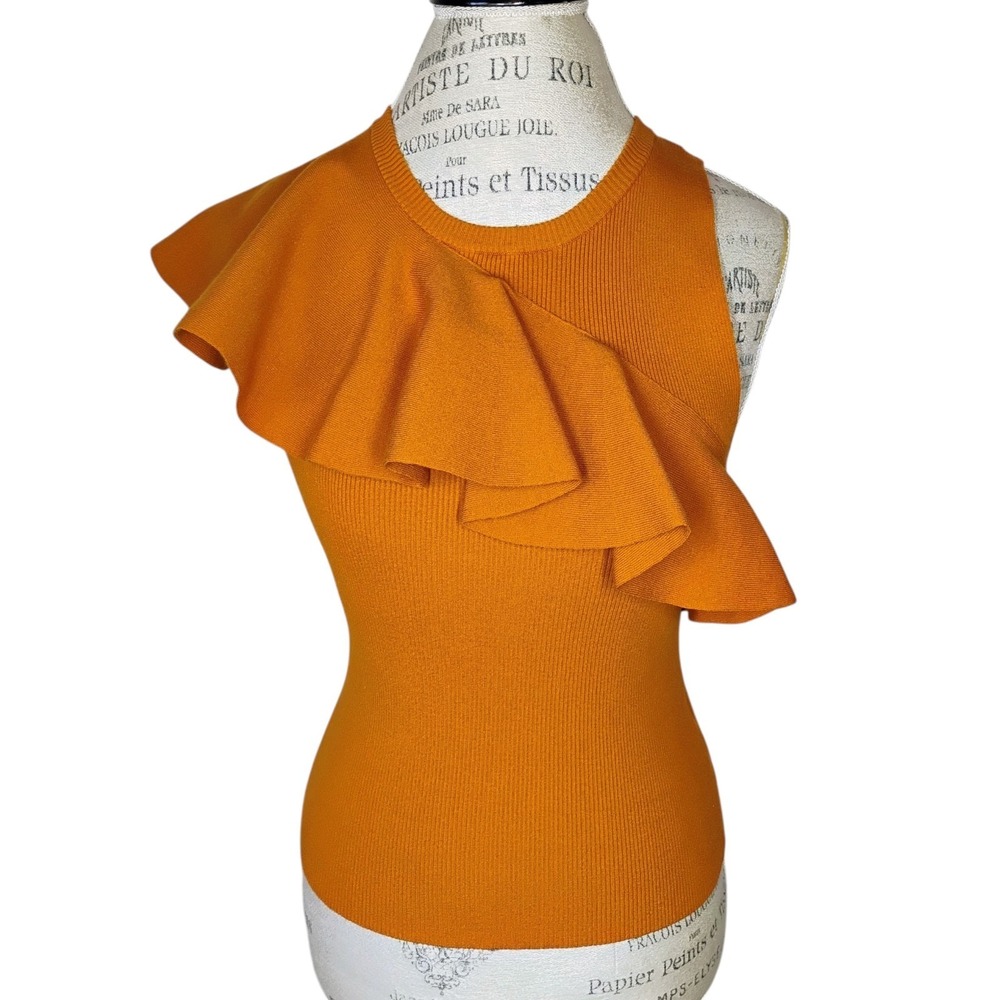 ALC Malia Ruffle Sleeve Top Womens Medium Mustard Yellow Ribbed Luxury Preppy